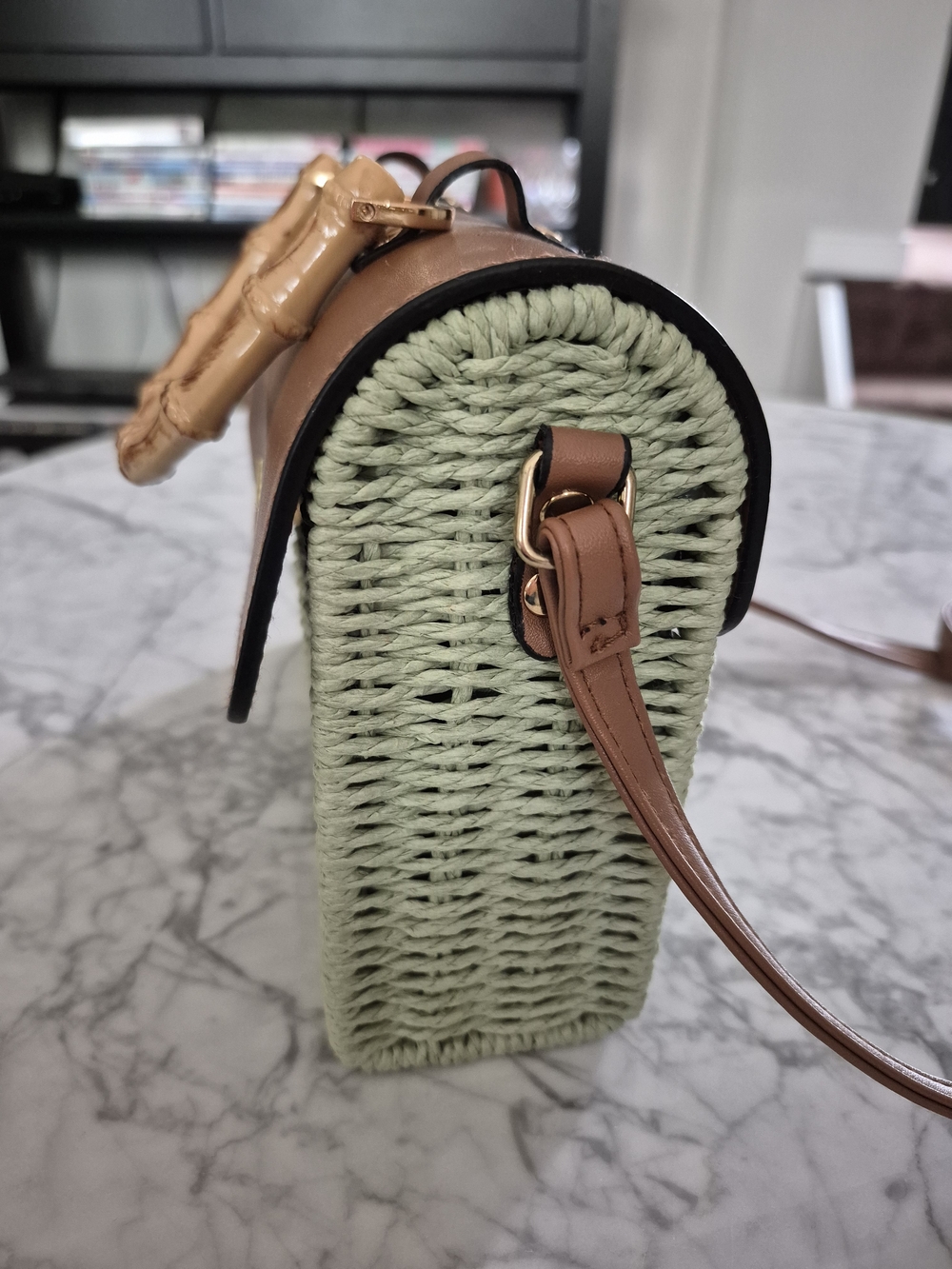 Straw Crossbody Bag with Brown Trim - Picture 6 of 10